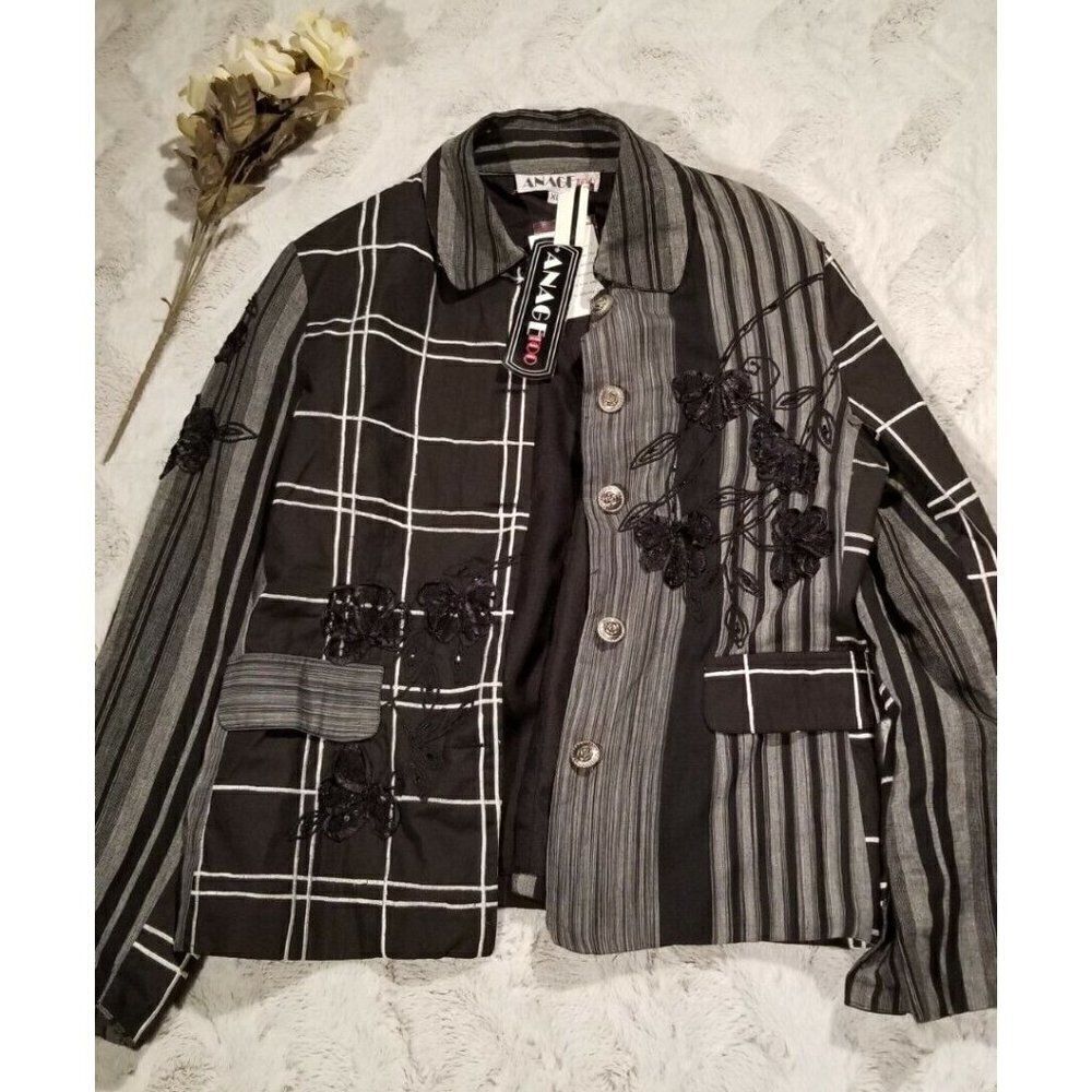 Anage Too Handwoven 100% Cotton Black White Embellished Button Up New Sz XL